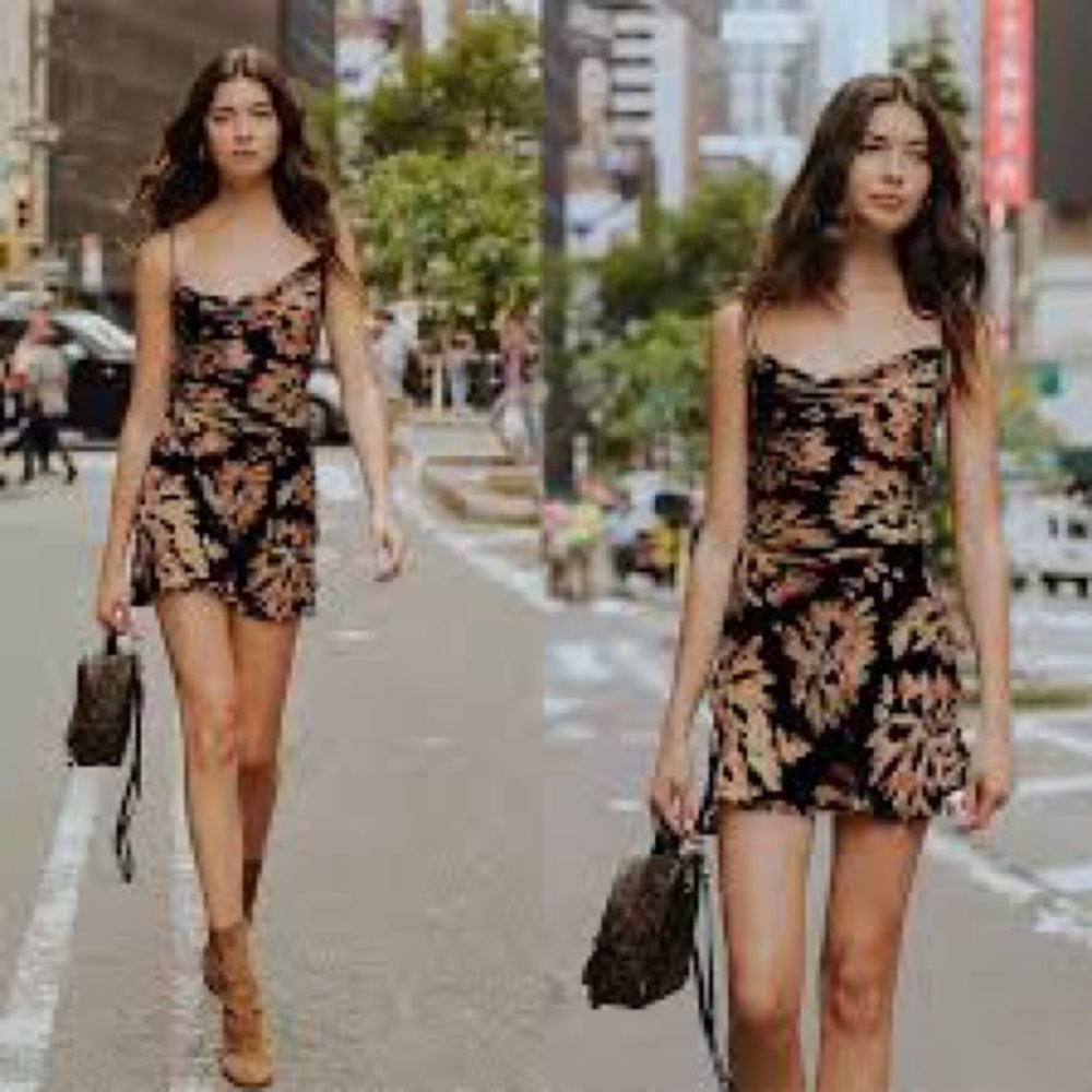 Rat & Boa Black Mini Dress with Beige Floral Print